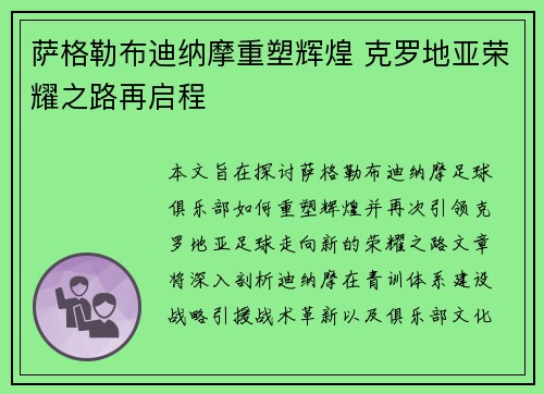 萨格勒布迪纳摩重塑辉煌 克罗地亚荣耀之路再启程