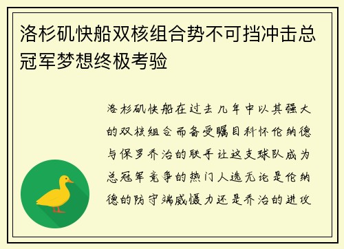 洛杉矶快船双核组合势不可挡冲击总冠军梦想终极考验