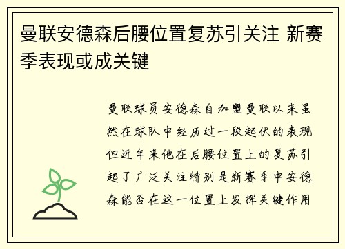 曼联安德森后腰位置复苏引关注 新赛季表现或成关键