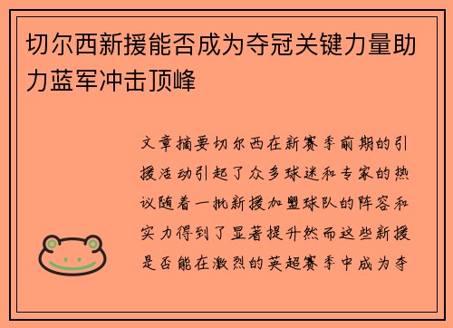 切尔西新援能否成为夺冠关键力量助力蓝军冲击顶峰
